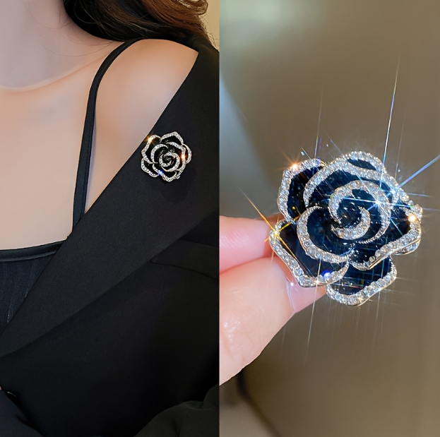 Elegant Black Rose Brooch Pin for Women | Vintage Floral Lapel Pin | Fashion Coat, Dress & Scarf Accessory