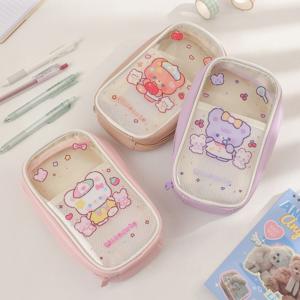Cartoon PVC Pen Bag Five Layer Large Capacity Stationery Bag Waterproof Transparent Stationery Organizer Student Gift
