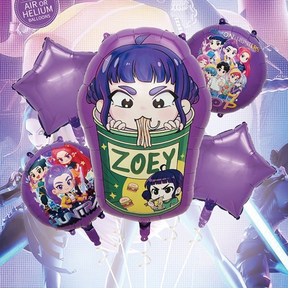 5Pcs/Set New Cartoon Kpop Demon Hunters Balloons Inflatable Purple Anime Balloon Set Character Printed Foil Balloon Gifts