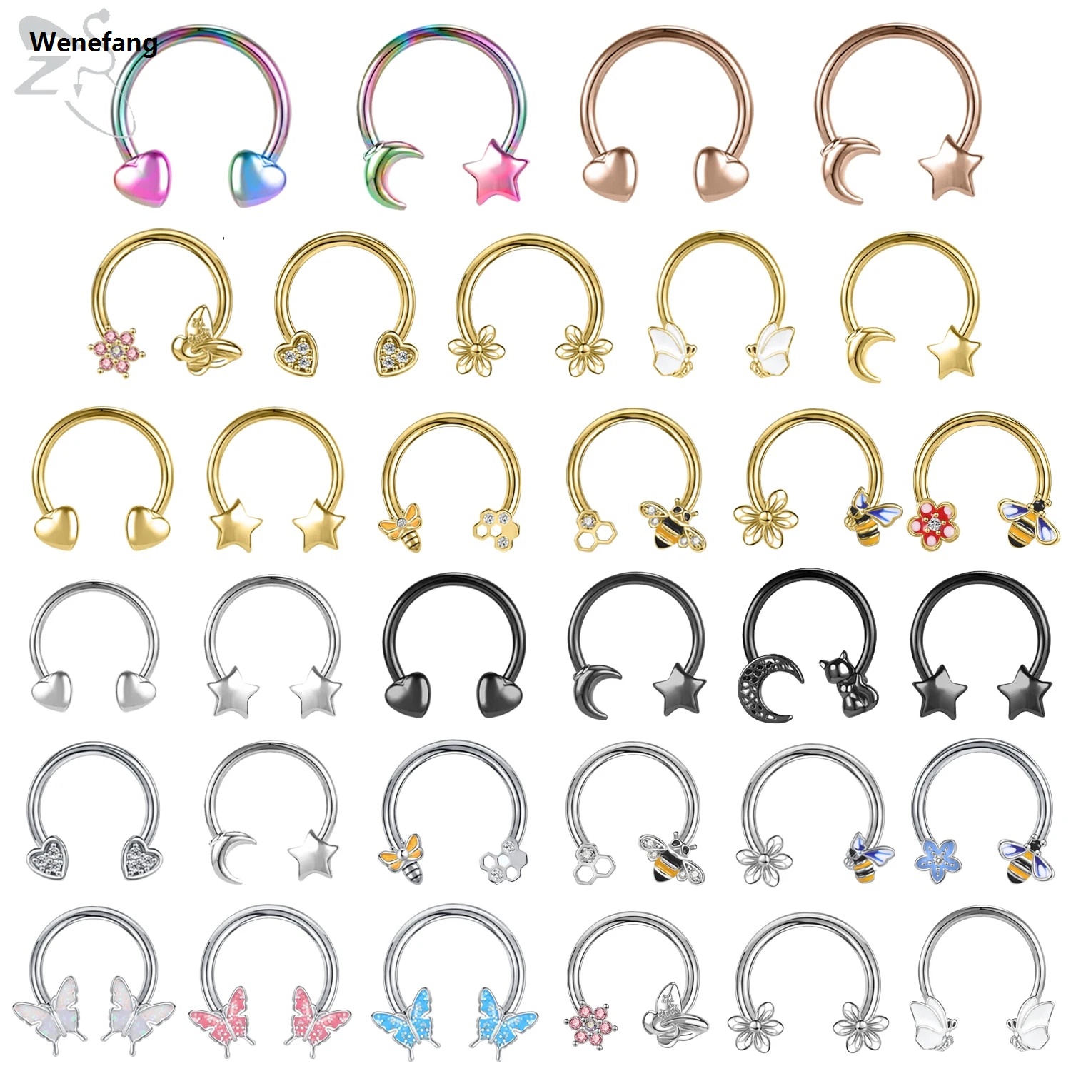 Wenefang ZS 1PC 16G Bee Horseshoe Septum Ring Butterfly Stainless Steel Nose Piercing 10MM Star Hoop Daith Earring Helix Conch Piercings