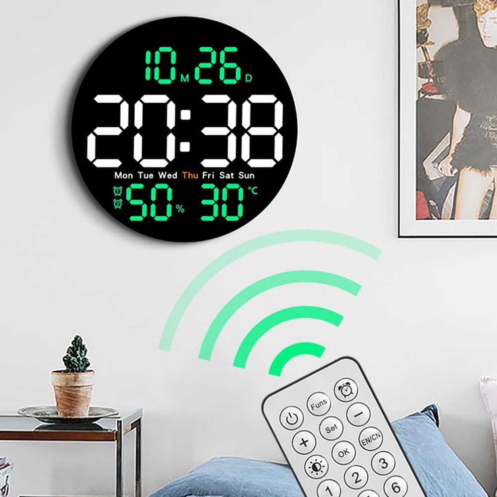 Convenient Remote Control 10 Inch LED Wall Clock Temperature/ Humidity Display Large Screen Hanging Digital Clock Timing Countdown Auto Dimming Round Wall Clocks Office