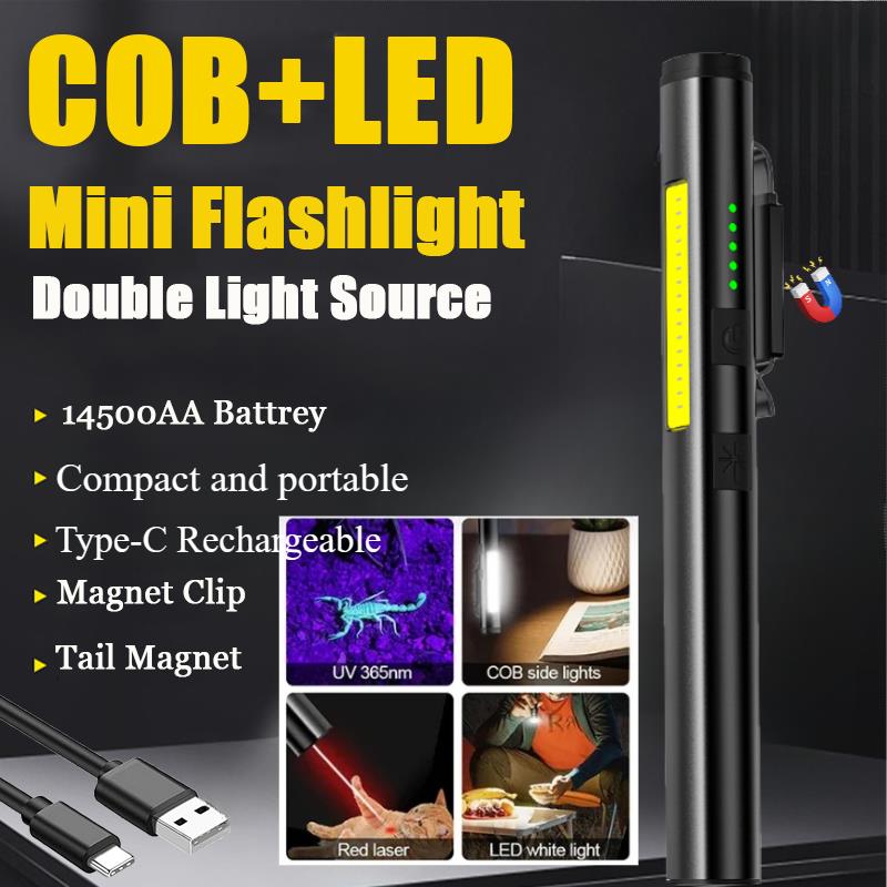 Hot Selling LED COB Mini Flashlight Multifunctional 4 Lighting Modes Lamp Type-C Rechargeable 14500 Battery Strong Magnetic Clamp Work Light
