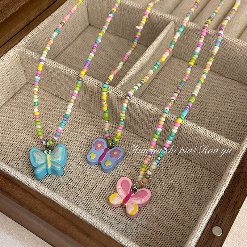 【New Arrivals】Candy Color Bead Butterfly Pendant Necklace Female Sweet Girl Ins Style Niche Design High-grade Clavicle Chain