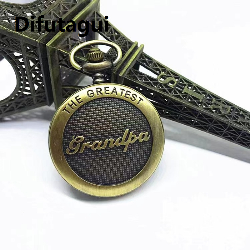 Difutagui Vintage bronze Greatest Grandpa quartz pocket watch necklace Hand watch chain clock Birthday gift men's accessories