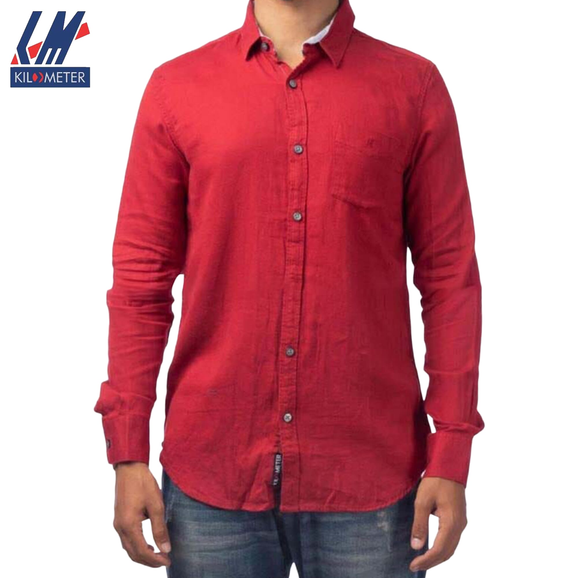 KILOMETER Solid Red Cotton Casual Full Shirt For Men - 012
