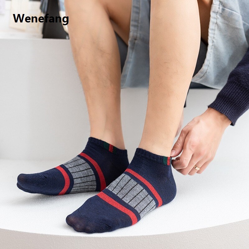 Wenefang 5 Pairs Of Mens Casual Boat Socks Simple Sweat Absorbing Portable Breathable Vertical Bar Parallel Bars Ovement Tube Socks