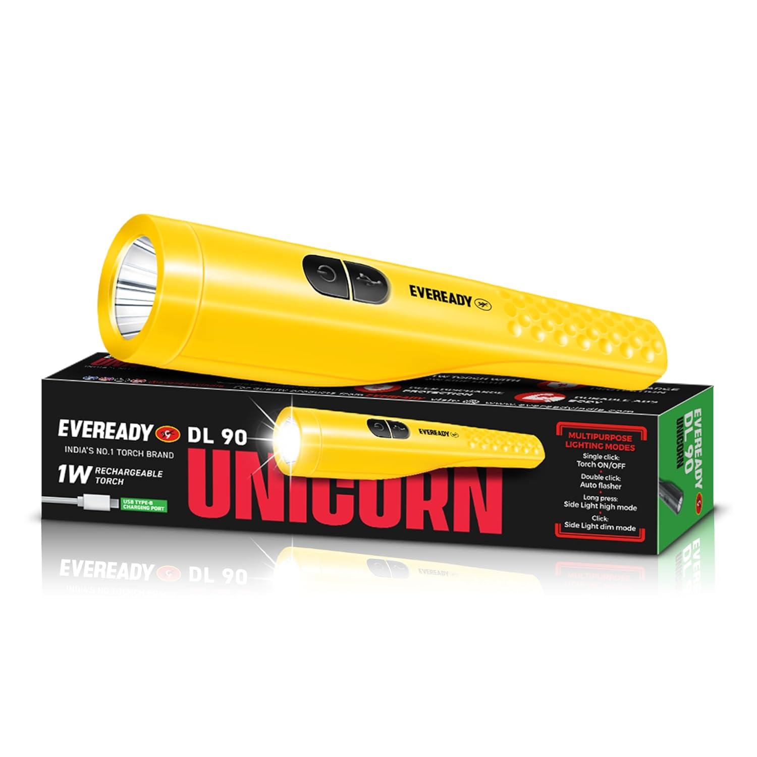 Eveready Unicorn DL90 | Led Torch With Emergency Side light | 1W Torch & 2W Side light | 4 Lighting Modes | Micro-USB Fast Charging | Powered by Li-Ion Battery | Durable ABS Plastic Body | Grey & Yellow