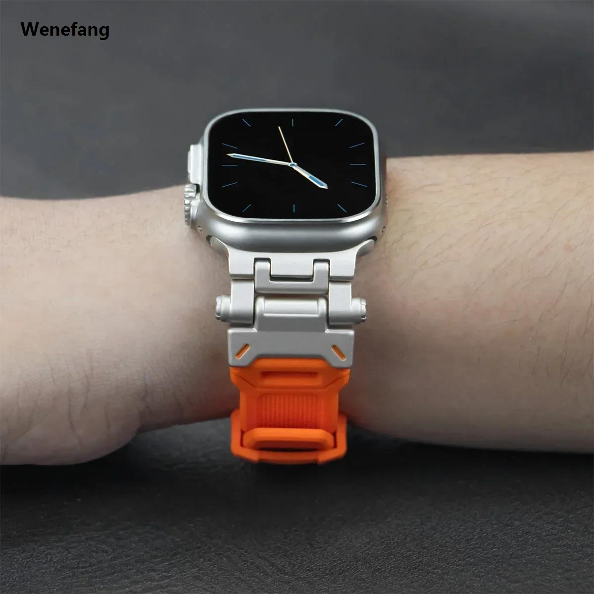 Wenefang Silicone Strap for Apple Watch Strap Ultra 2 49mm 9 45mm 44mm 42mm Luxury Titanium Color Sports Watch Band for IWatch 9 8 SE 7 6 5 4 3