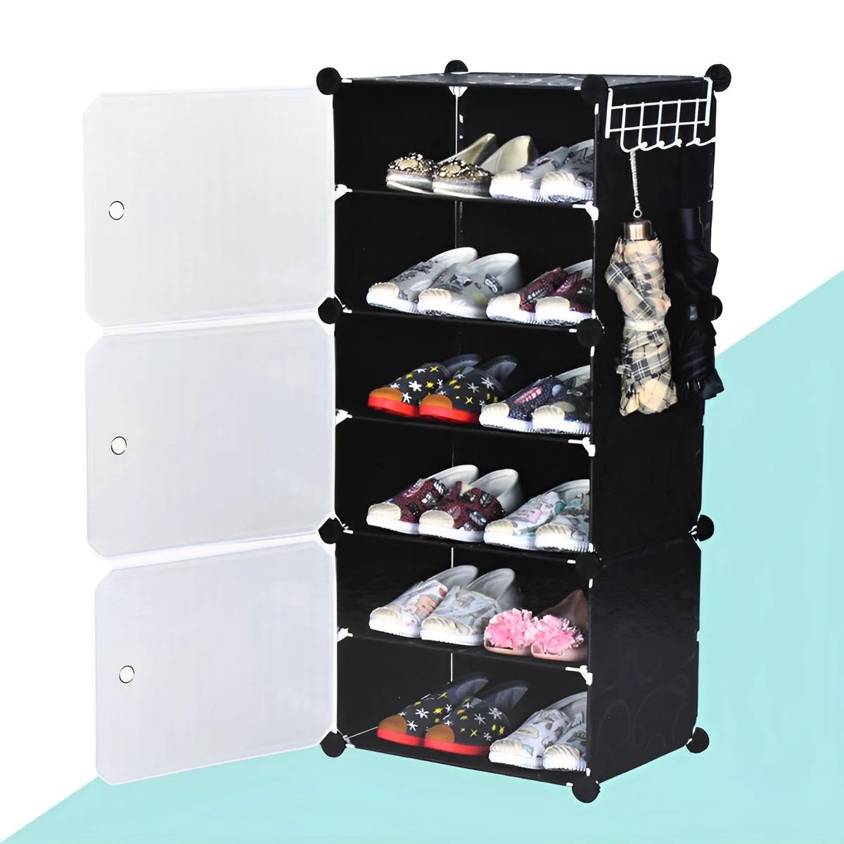 6 Layer Plastic Shoe Rack Cabinet Storage Organizer With 3 Doors (Color May Vary)