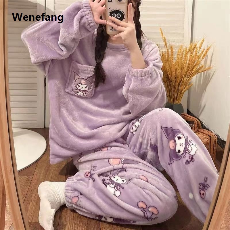 Wenefang Sanrio Hello Kitty Kuromi My Melody Pochacco Xmas Cartoon Plus Velvet Luxury Thickened Pajamas Creative Anime Movie Home Wear Set Gift