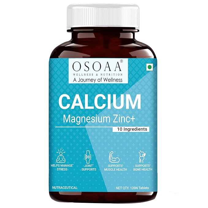 OSOAA Calcium Magnesium Zinc (ZMA) with Vitamin D2, K2 & B6 Supplement - Support for Muscle Growth, Bone Strength & Deep Sleep for Men & Women - 120 Veg Tablet
