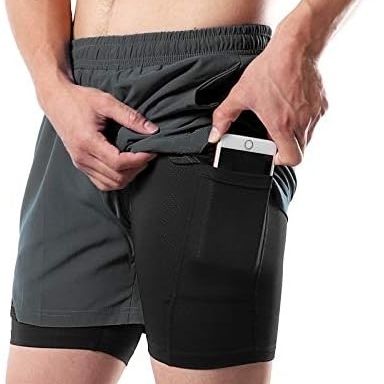 Men's 2 in 1 Running Shorts with Pockets Compression Liner Gym Training Fitness Workout Short Pants - Black