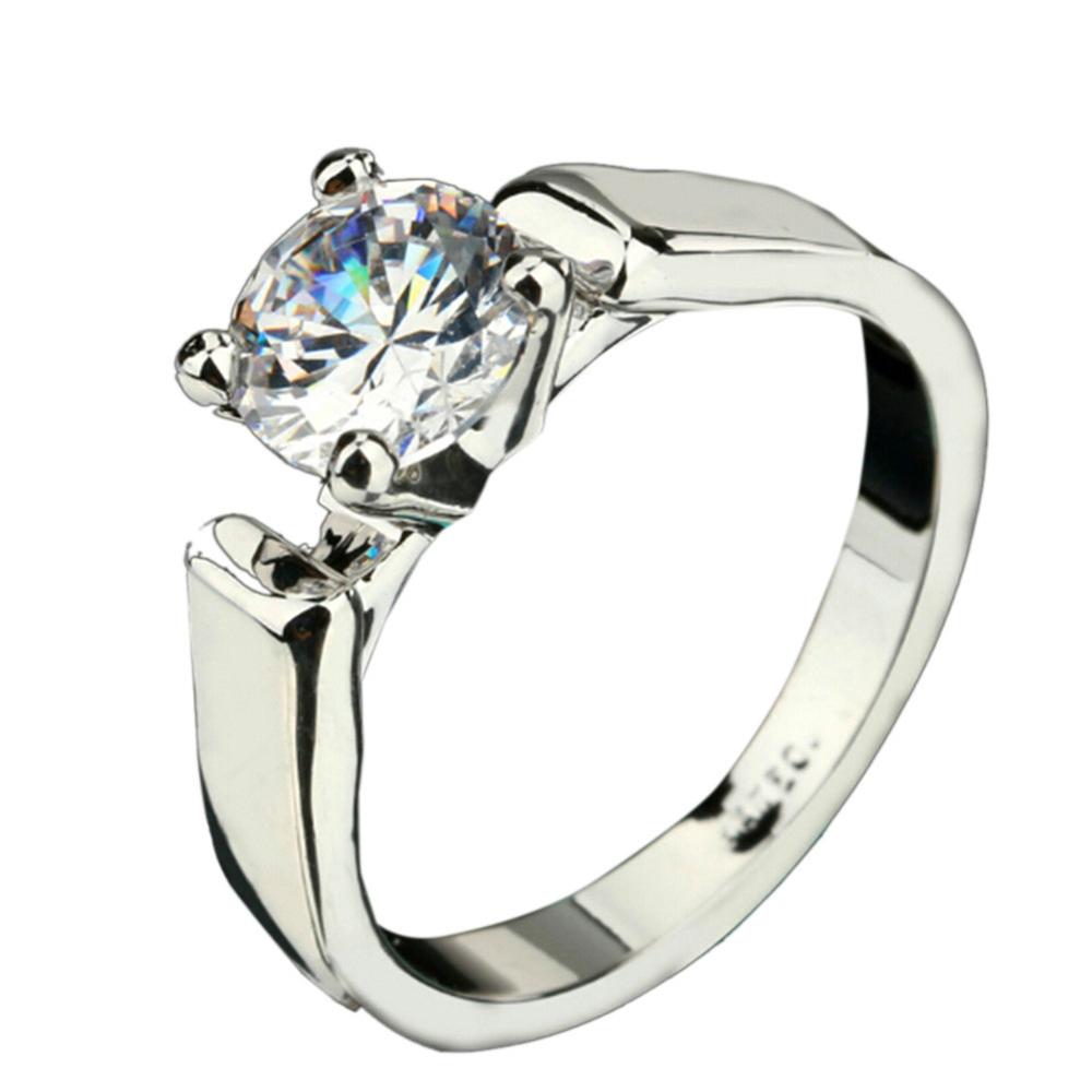 【Qian poem li Store】Luxury Six Claws Round Big Blue Rings For Wo Color Filled White Zircon Crystal Ring Female Wedding Bands