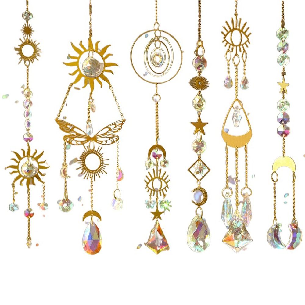 New Sun Moon Star Crystal Sun Catcher Rainbow Prism Balcony Yard Window Drop Bell Stained Glass Party Decor Wind Bell Pendant Outdoor Indoor