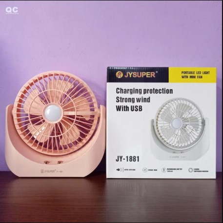 Super Powerful Lithium Rechargeable Mini Table Fan with LED Light JY-1881 | Portable Strong Wind Desk Fan with USB Charging