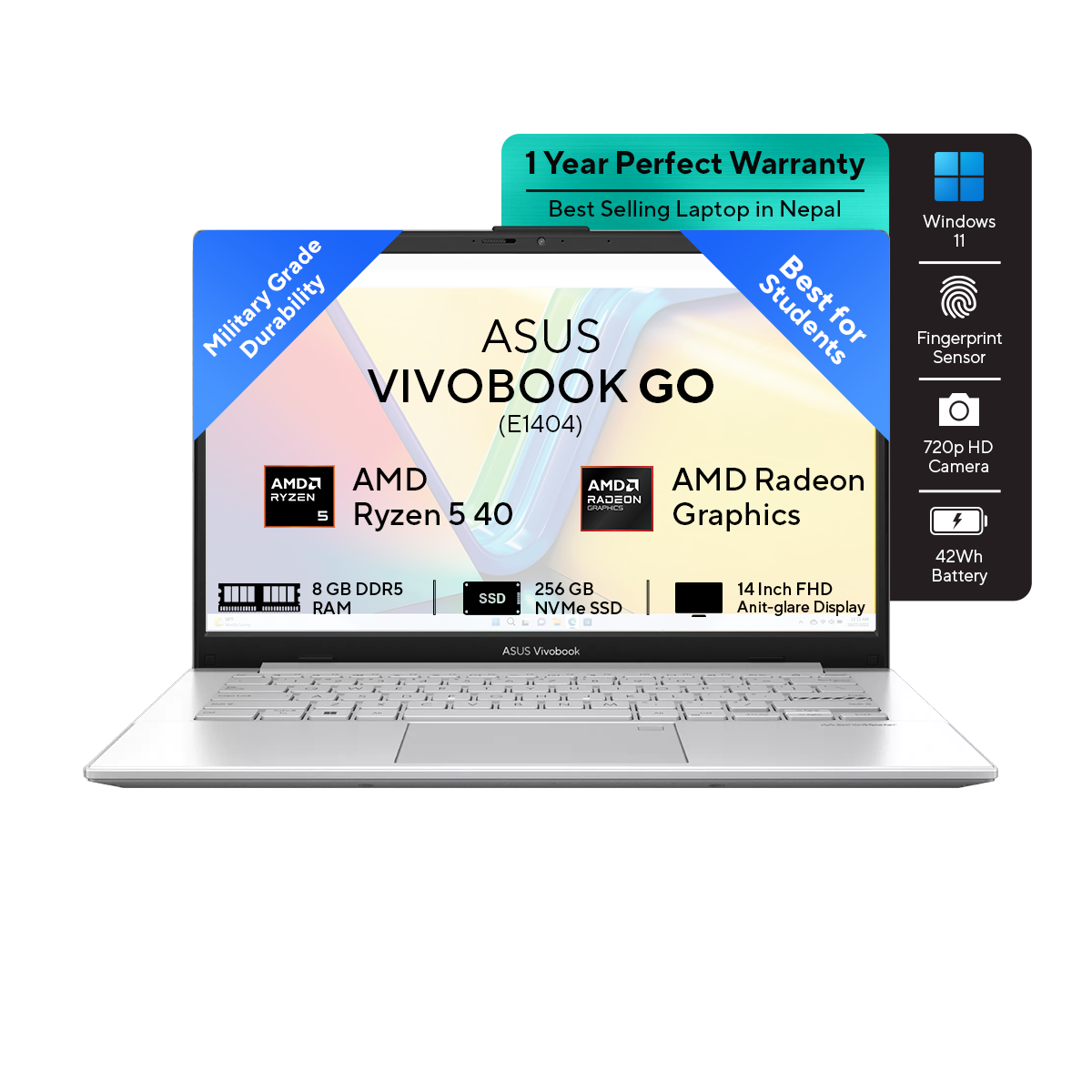 ASUS Vivobook Go E1404 - Ryzen 5 40 | 14" FHD Display | 8GB | 256GB SSD | Magic Numpad | Windows 11 | Backpack | Mouse | Cool Silver | Grey Green | Mixed Black | 2 Yrs Int'l Warranty | 1 year Perfect Warranty - Nagmani International