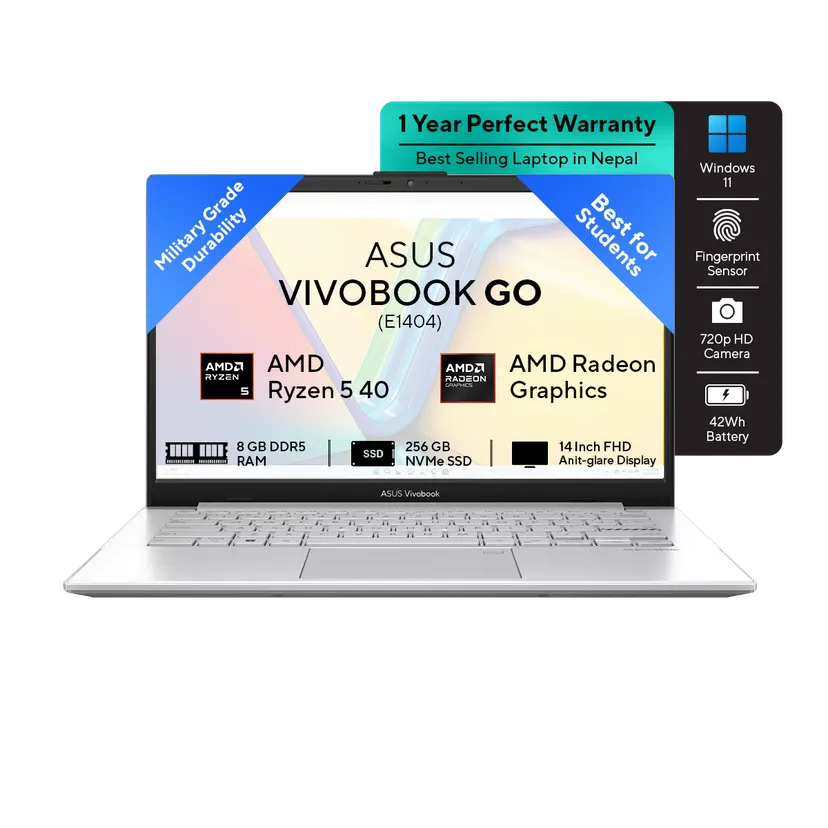 ASUS Vivobook Go E1404 - Ryzen 5 40 | 14" FHD Display | 8GB | 256GB SSD | Magic Numpad | Windows 11 | Backpack | Mouse | Cool Silver | Grey Green | Mixed Black | 2 Yrs Int'l Warranty | 1 year Perfect Warranty - Nagmani International