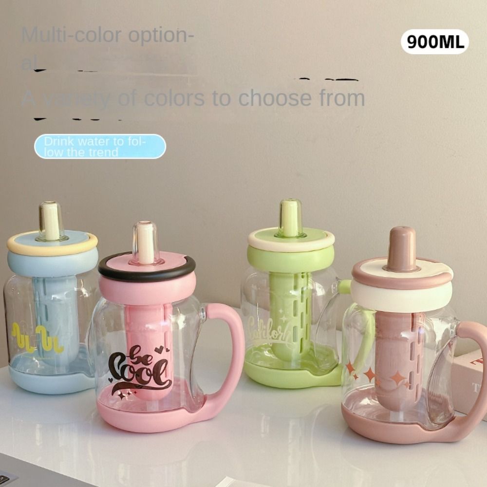 Creative With Straw Water Sippy Cup Plastic Cartoon Portable Drink Bottle 900ml Cute Water Cup Home
