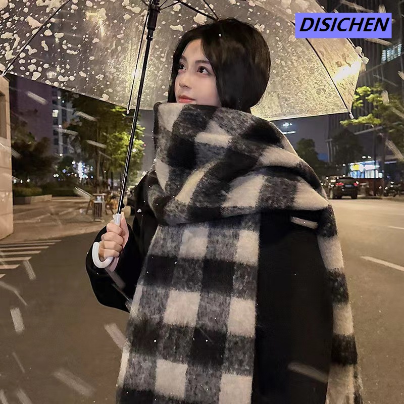 DISICHEN 【Premium Quality】 New Winter Knitted Scarf For Women's Versatile Solid Color Black And White Plaid Warmth And Thickening