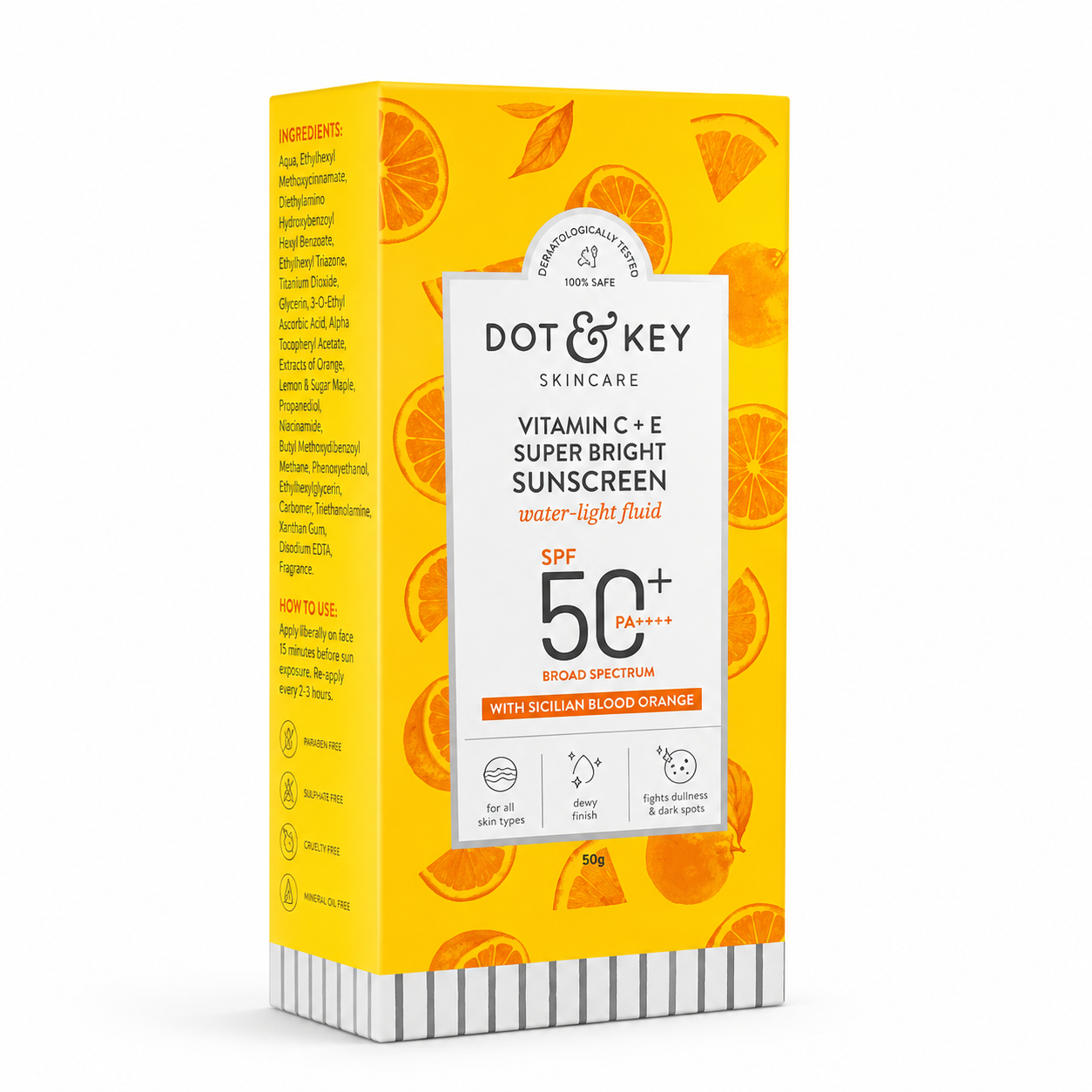Dot&Key Vitamin C + E Super Bright Sunscreen SPF 50+ PA++++ Water-Light Fluid with Sicilian Blood Orange | Broad Spectrum UV Protection | 50g