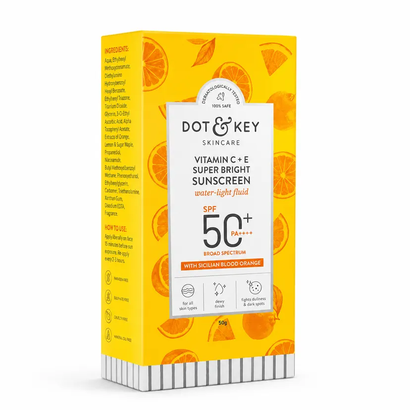 Dot&Key Vitamin C + E Super Bright Sunscreen SPF 50+ PA++++ Water-Light Fluid with Sicilian Blood Orange | Broad Spectrum UV Protection | 50g