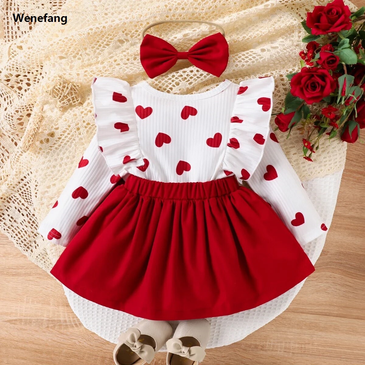 Wenefang PatPat 2pcs Baby Girl Heart-shaped Dress Set Soft and Comfortable Bargain price Perfect for Outings and Daily Wear Basic Style