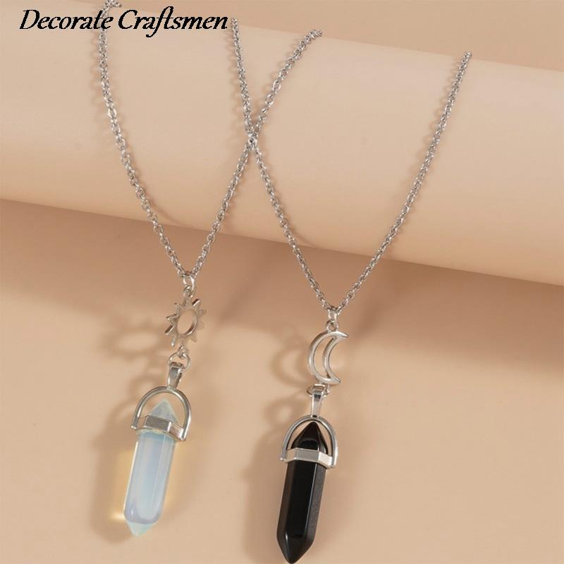 Yuanyan 1 Pair Natural Quartz Crystal Hexagonal Column Heart Pendant Necklaces Moon Couple Necklace Valentine's Day Gift