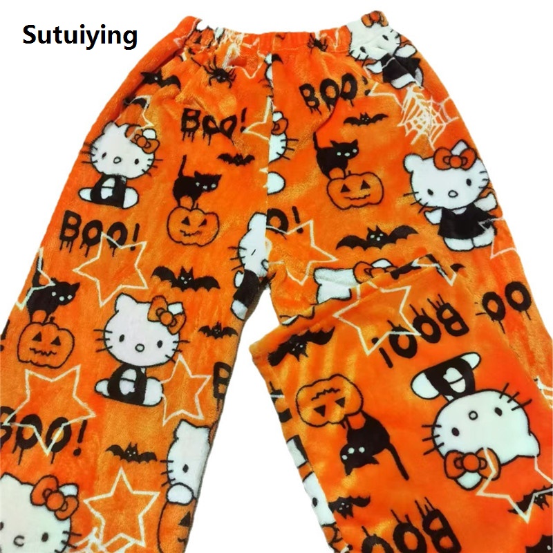 Sutuiying Sanrio Cartoon Pajama Pants Halloween Hello Kitty Flannel Pajama Original Pants Casual Christmas Day Gifts Home Graffiti Pants Trousers