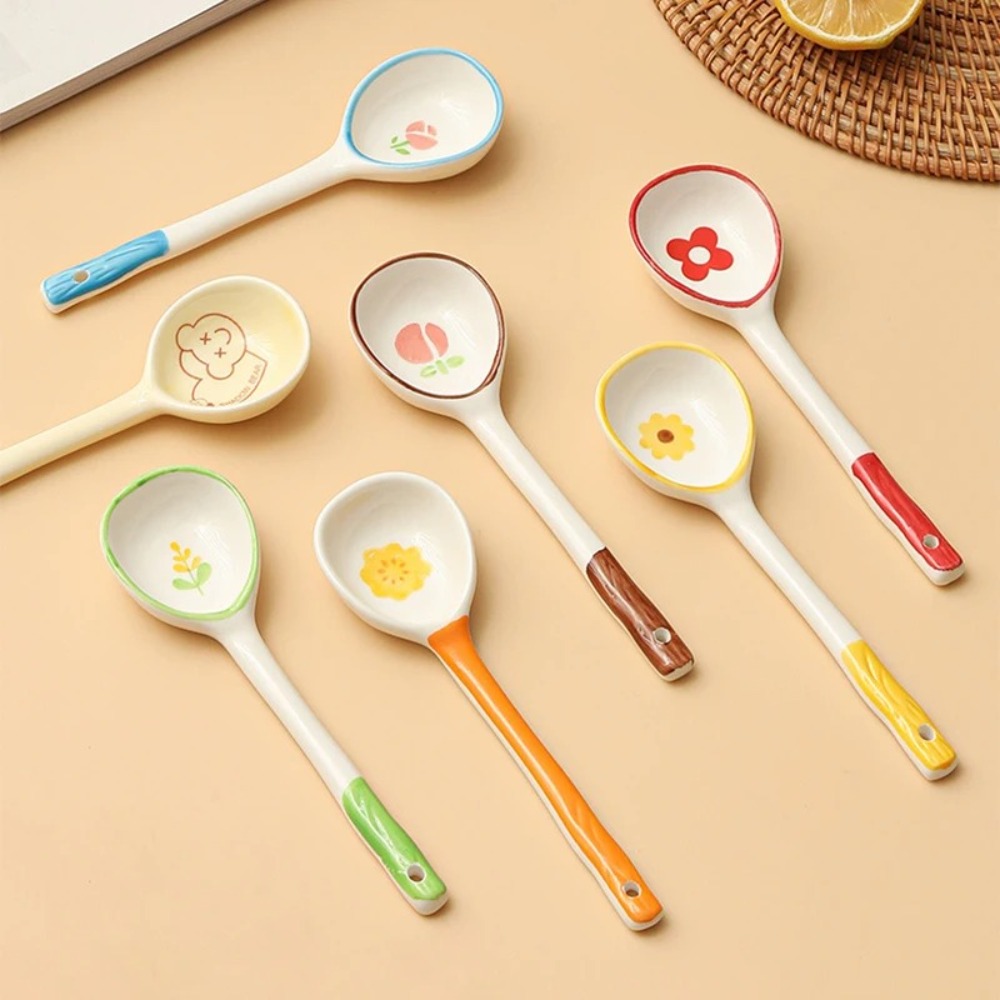 New Long Handle Flower Ceramic Soup Spoon Kitchen Accessories Round Head Cake Spoon Kawaii Soup Drinking Tool