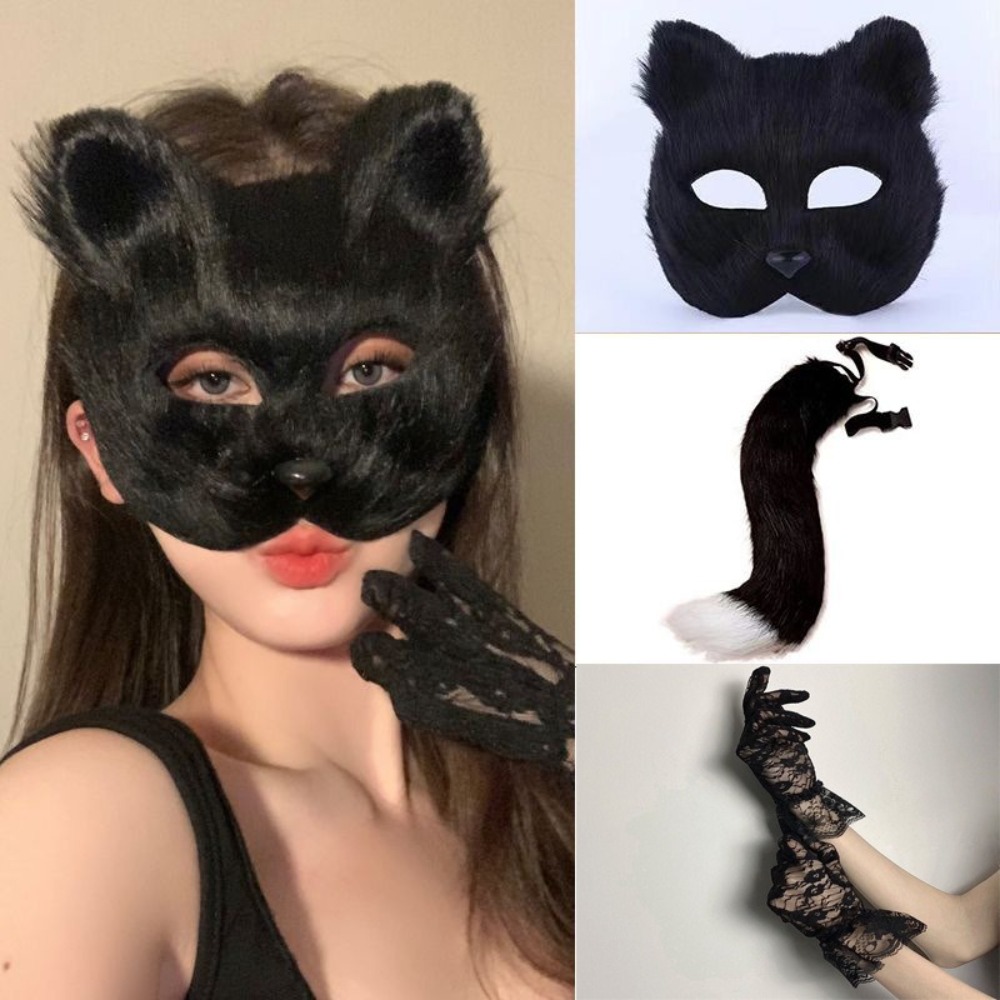 High Quality Half Face Therian Mask Tail and Gloves Set Faux Furs Unisex Halloween Cosplays Costume Accessorie Animal Masquerade Eye Mask