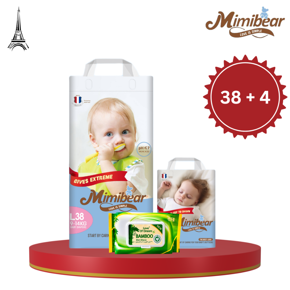 MIMIBEAR Large Size 42 Piece Pack Premium Baby Diaper Pant Style Free Bamboo Wipes 90 Pieces 1 Packet