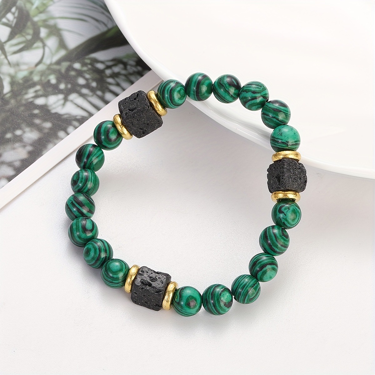 【New Volcanic Stone Lava Square Bracelet Men's Natural Stone Beads Handmade Vintage