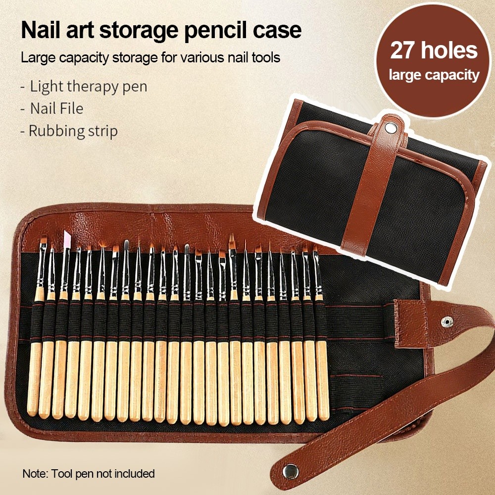 New 25 Holes Nail Art Tool Storage Foldable Large Capacity Light Therapy Pen Storage Leather Canvas Nail Art Pen Storage Box
