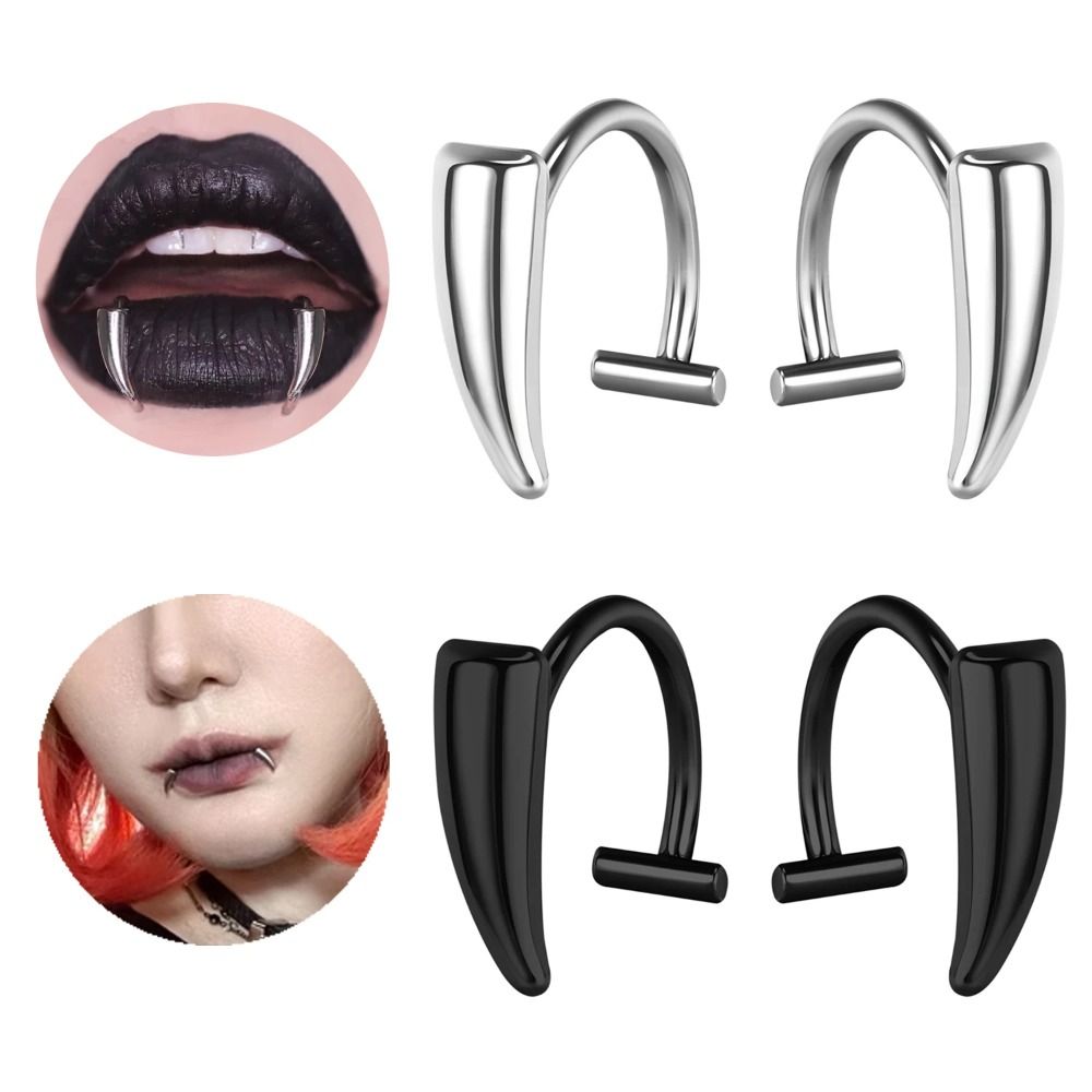 New Trendy Vampire Fang Shape Fake Lip Ring Punk Non-Piercing Fake Labret Piercing Lip Stud Stainless Steel Non Piercing Jewelry Women