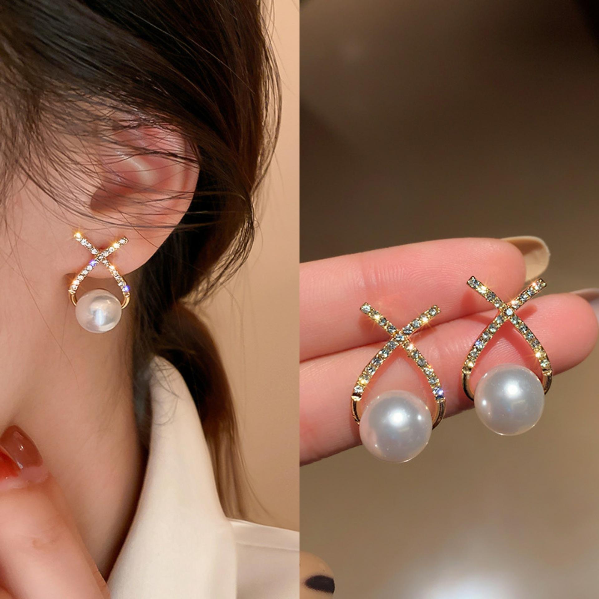 Trend Big Pearl Crystal Diamond Stud Earrings Water Drop Geometric Ladies Elegant Jewelry