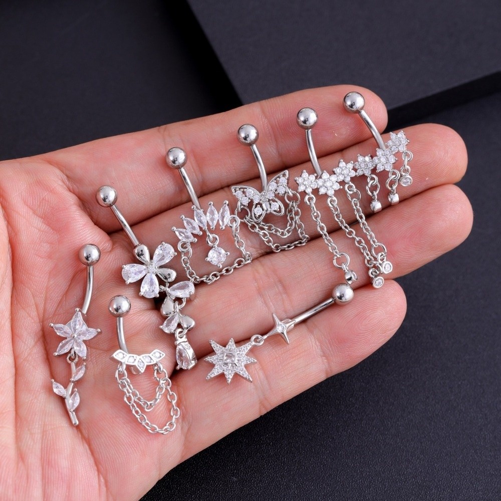 Fashion Elegant Butterfly Chain Navel Ring Exquisite Stainless Steel Belly Navel Stud Five-petal Flower Navel Button Beach