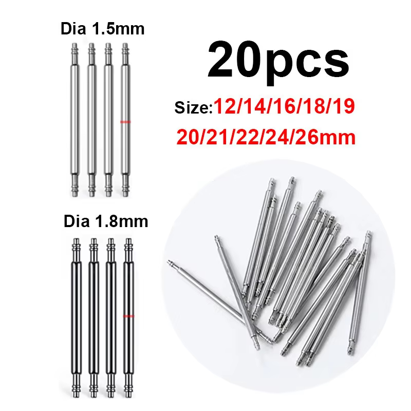 20pcs Watch Link Pin Dia 1.5mm/1.8mm Stainless Steel 12mm 14mm 16mm 18mm 19mm 20mm 21mm 22mm 24mm 26mm Connecting Rod Spring Bar