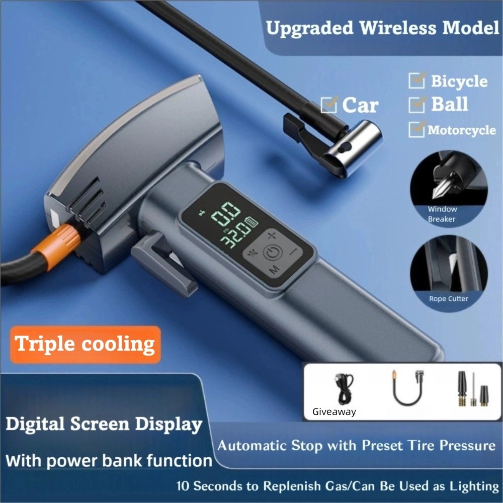 Upgrade Handheld Car Tyre Inflator Digital Cordless Car Air Pump Portable High Voltage Tyre Pressure Pump Emergency Use