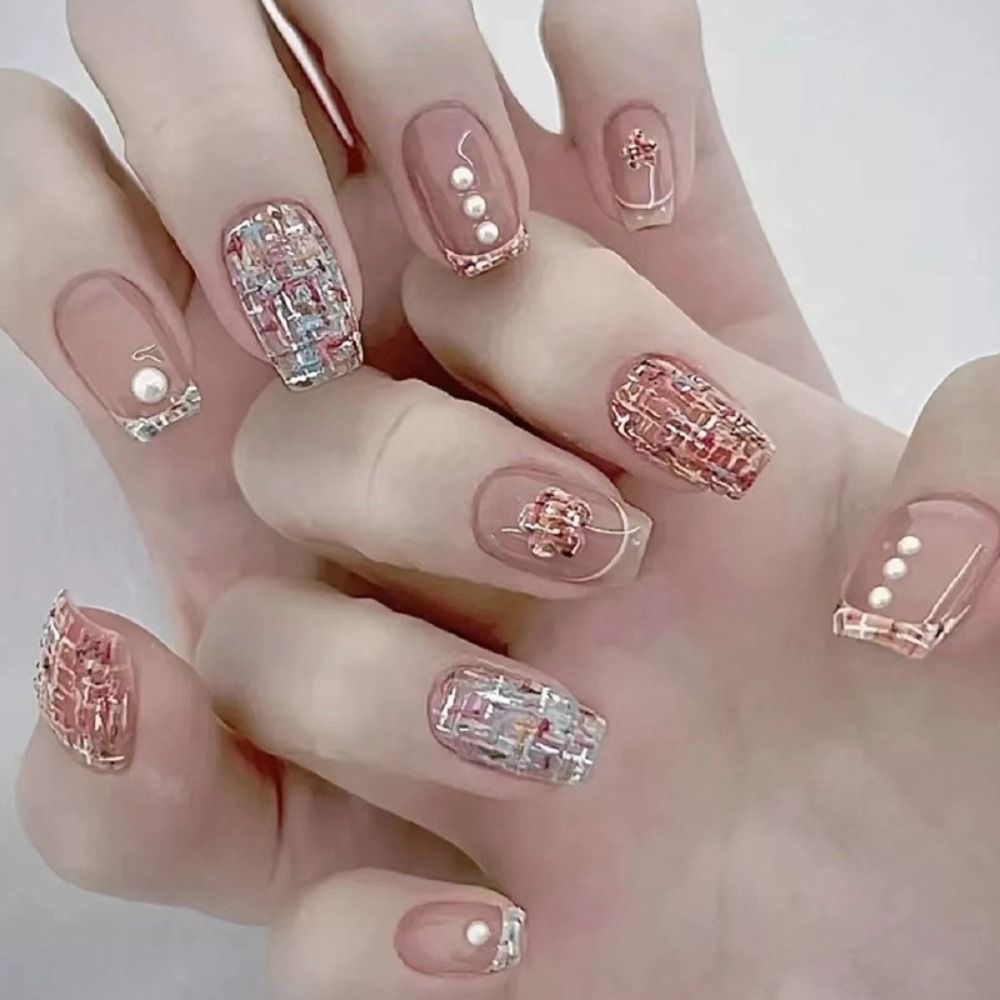 24pcs Manicure Press on Nails DIY Long French Fake Nails Ballerina Leaf White Edge