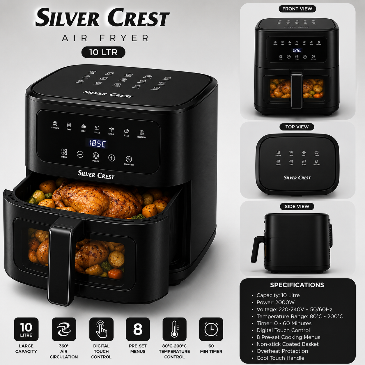 Silver Crest 10L Large Capacity Digital Air Fryer with Viewing Window, Silver Crest 10 Litre Smart Matte Black Electric Air Fryer & Roaster, Silver Crest Professional 10L Square Air Fryer with Touch Control Panel, Silver Crest 10L Multi-Functional Oil-Fre