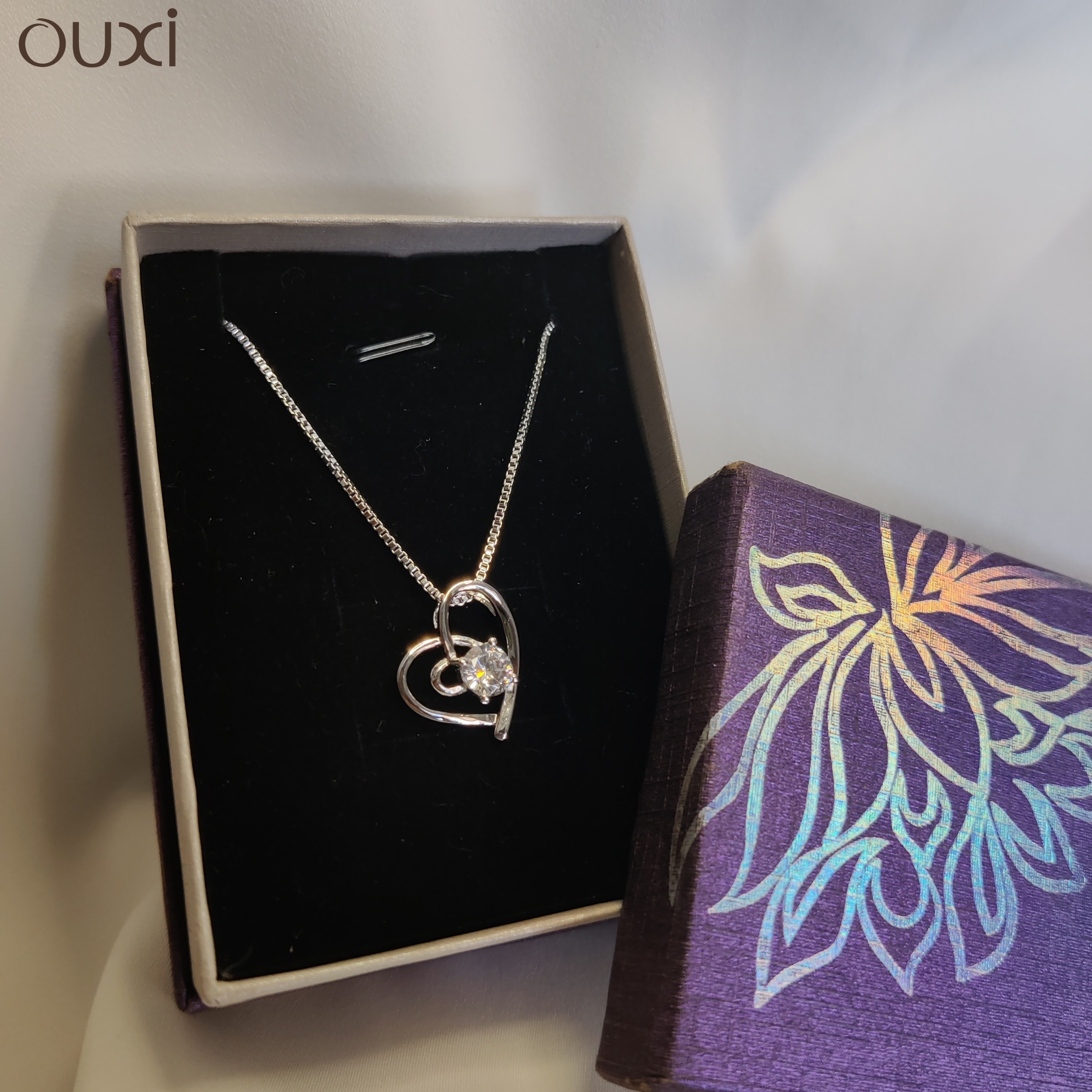 OUXI Silver/White Crystal Heart Shaped Pendant With Chain For Women- K30016-2