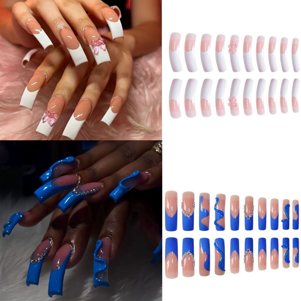 New Easy to Use Extra Long Curved False Nails White Color Bowknot Design Blue Fake Nails Nail Art Nail Supplies French Tip False Nails Nail Supplies Manicure Tools