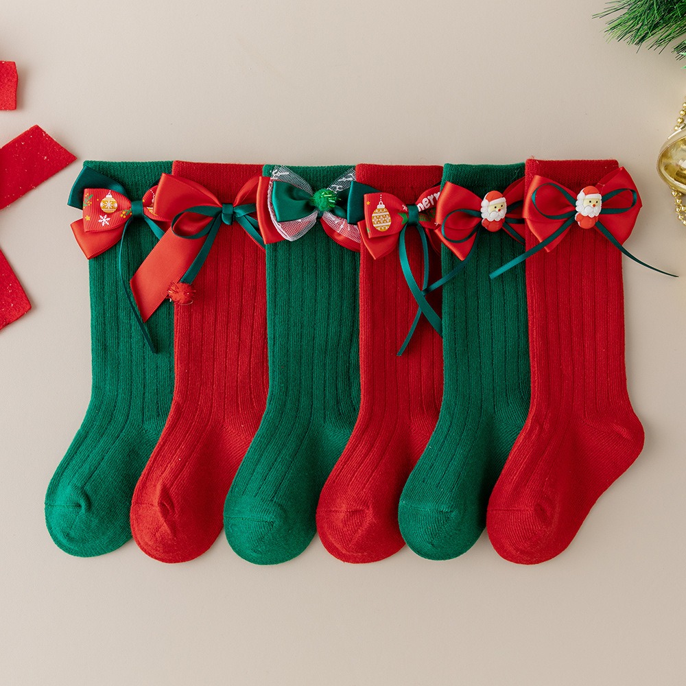 New Sweet Baby Knee High Long Sock Red Cotton Kids Red Socks Breathable Casual Bow Middle Tube Socks Christmas Gifts