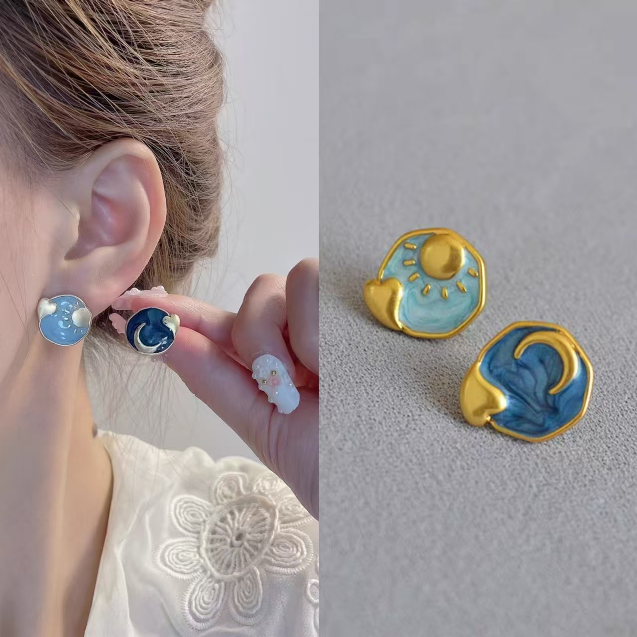 【New Arrivals】Silver Needle Sweet Oil Dropping Love Sun Moon Star Earrings Women's Creative Oil Painting Asymmetric Earrings High-grade Earrings