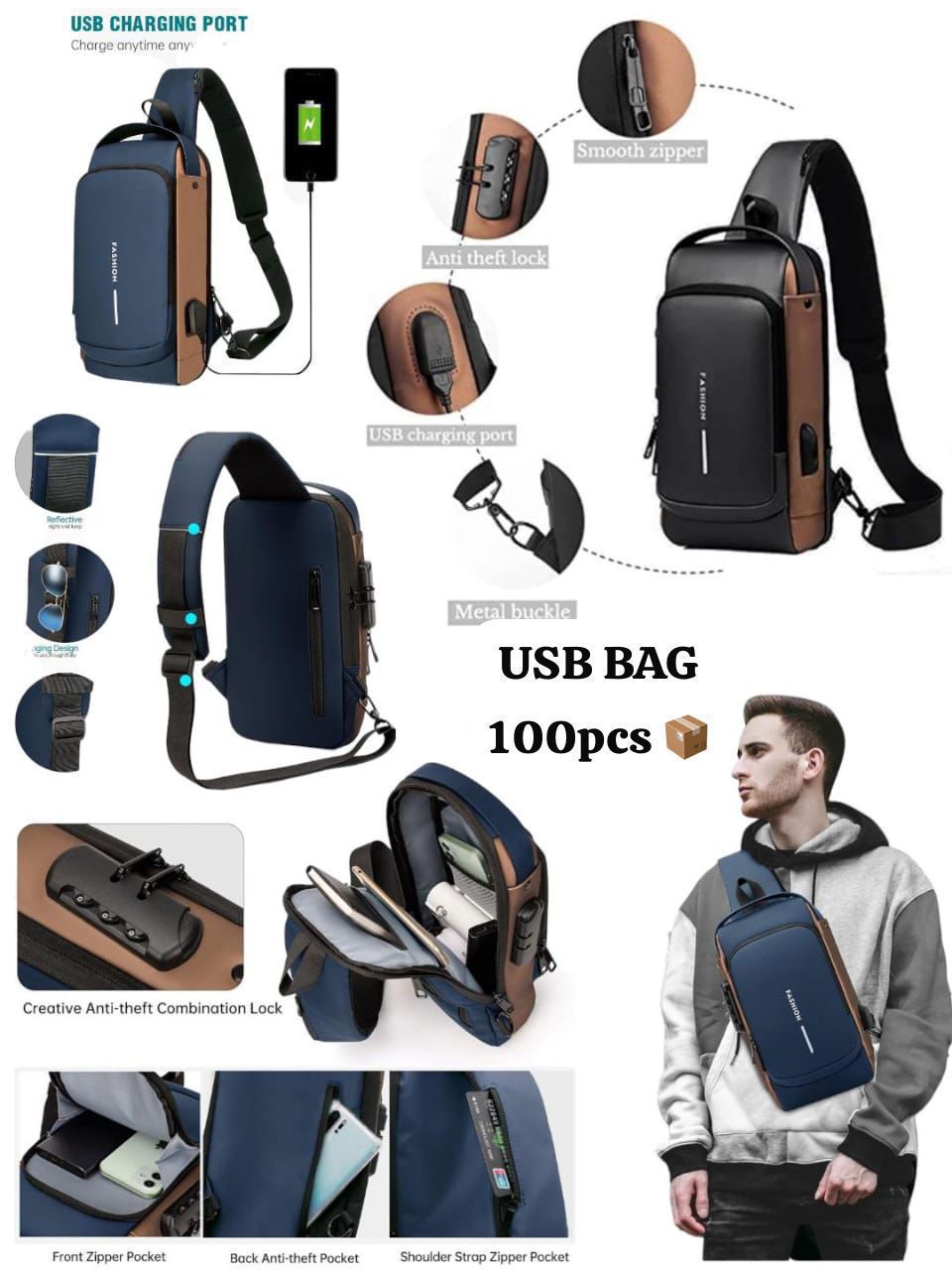 Multifunction PU Chest Bag One Side Bag With USB Charging Port and Password Lock for "' Unisex I Fashion Unisex Bag