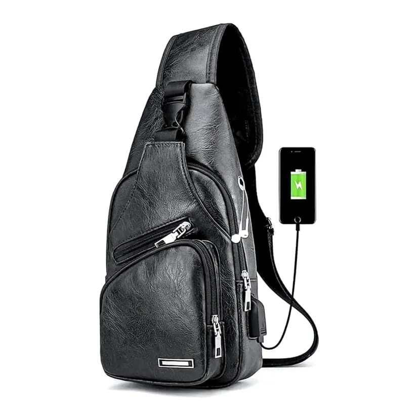 Black Color Plain Design Leather Side Cross Body Bag For Men