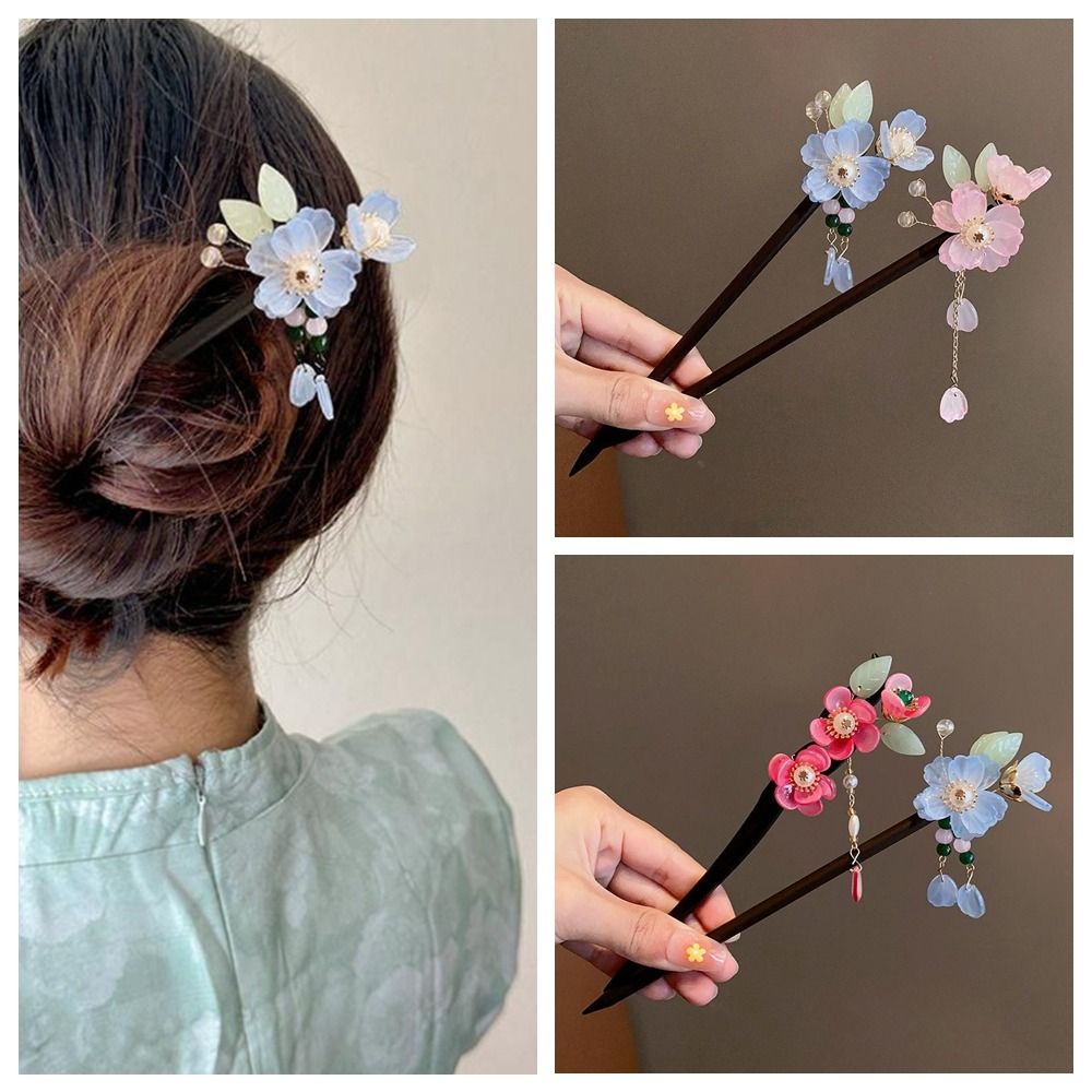 Simplicity Vintage Winding Flower Hairpin Elegant Classical Wooden Hair Stick Handmade Flower Tassel Hanfu Headwear Women