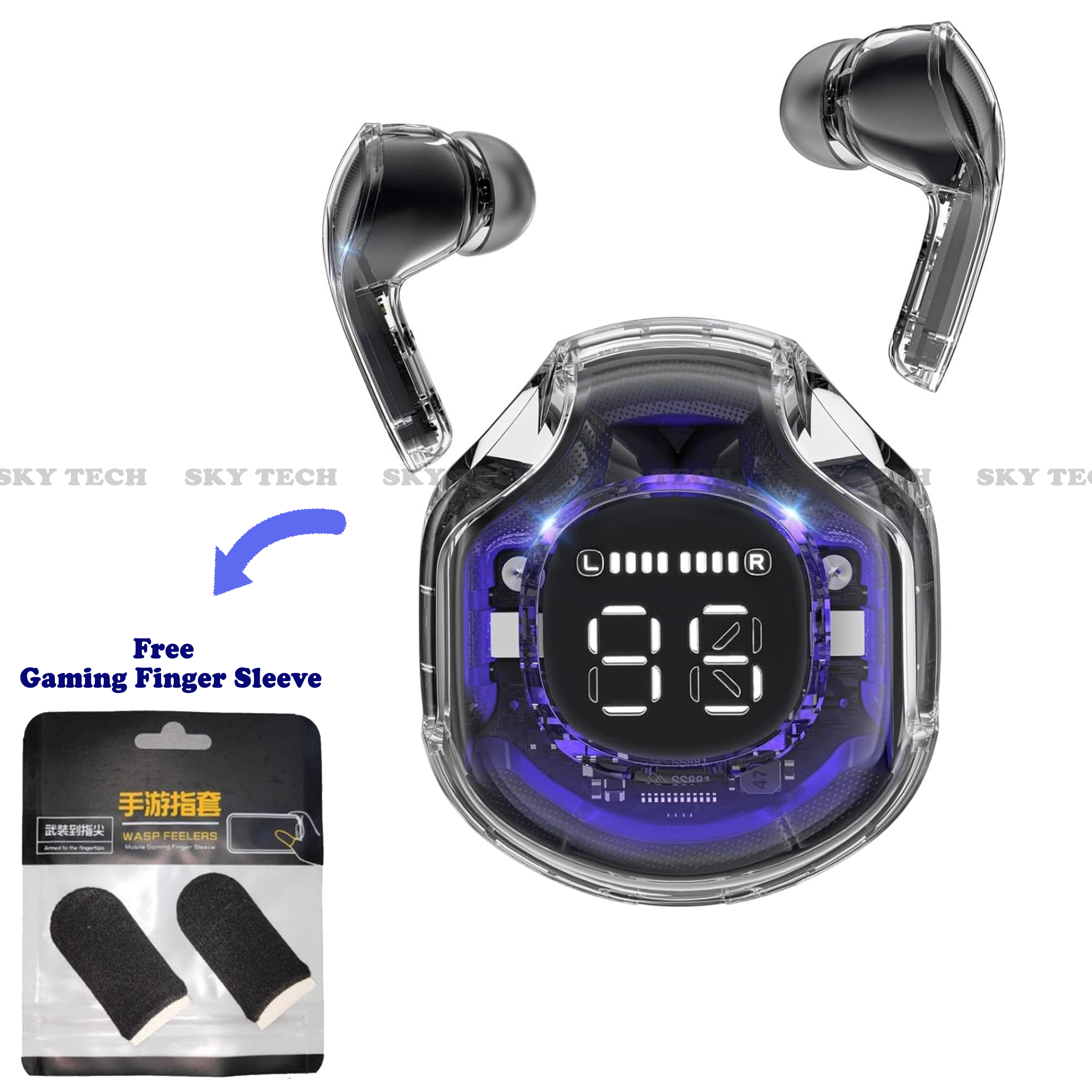 Ultrapods Pro Transparent TWS Bluetooth Earbuds Gaming Stereo sound, High bass, Low Latency with Free Gaming Finger Sleeve