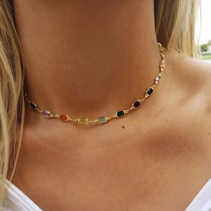 【New Arrivals】Color Gem Necklace Clavicle Chain Simple Double-sided Diamond Bracelet Rainbow Crystal Women's High-end Jewelry