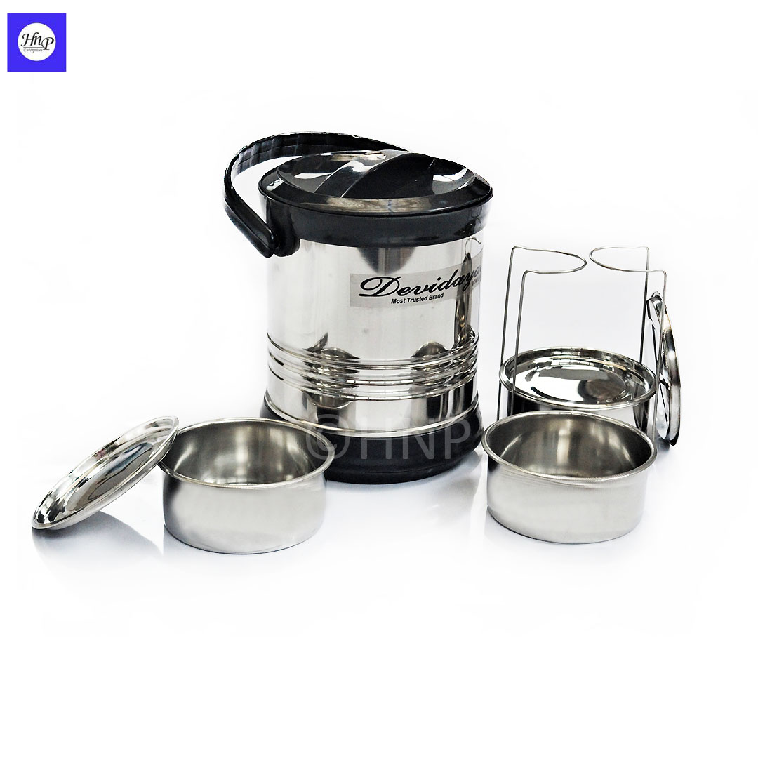 DeviDayal Stainless Steel Clip Lock Lunch Box With Stainless Steel Insulated Carrier- 700 Ml x 3 Compartment